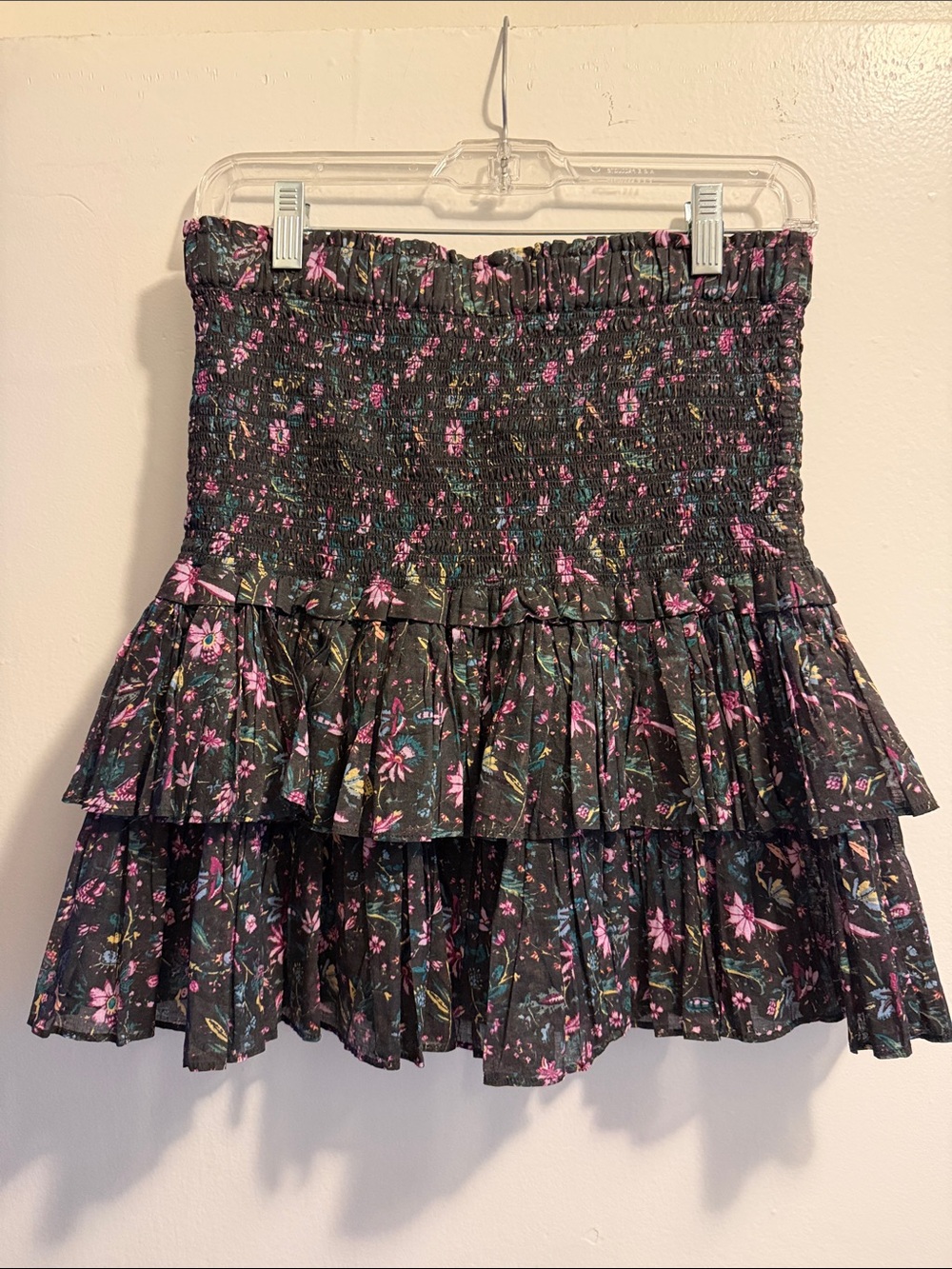 Isabel Marant Black Floral Smocked Tiered Mini Skirt